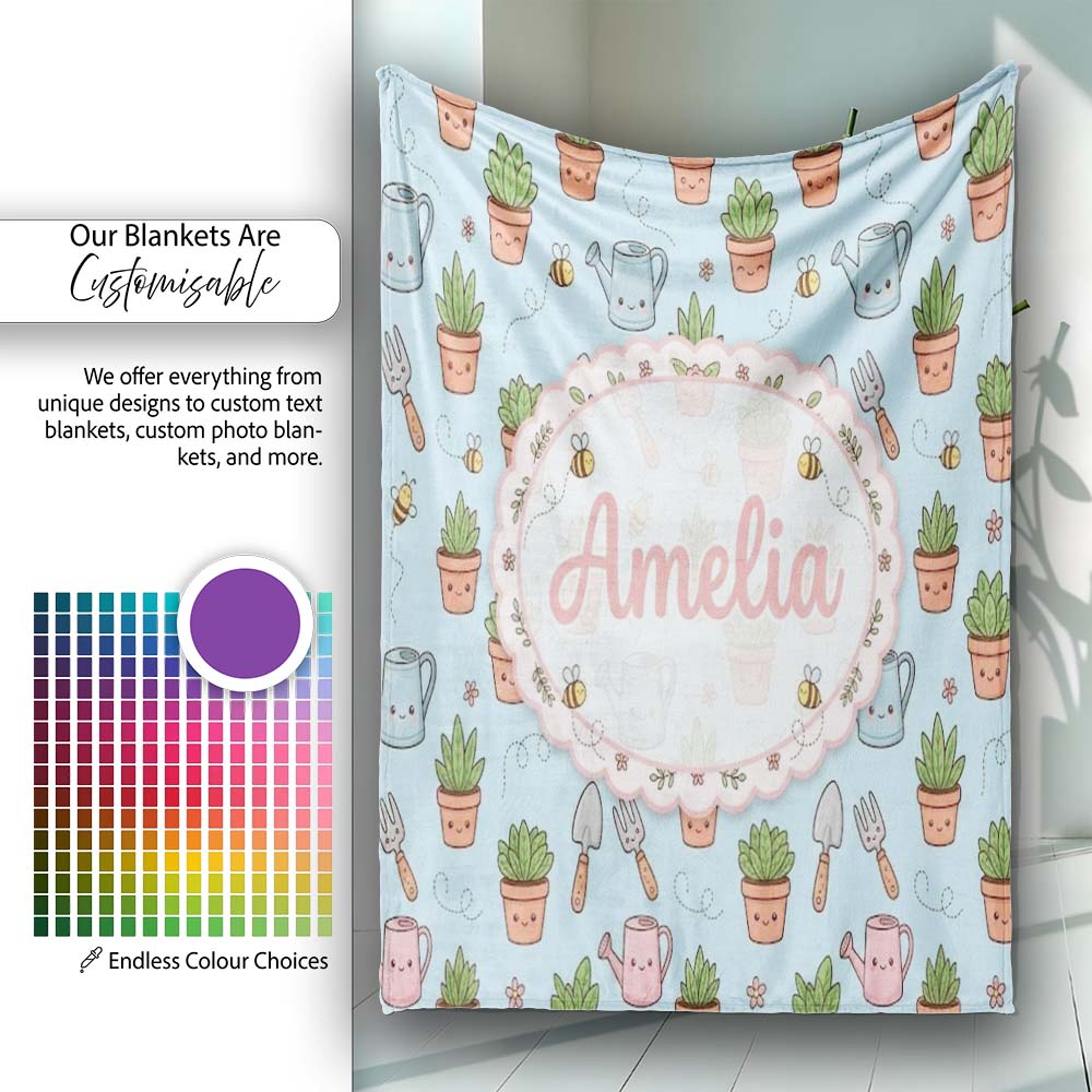 Cute Kawaii Garden Tools Plants Bees Blue Background Seamless  Personalised Custom Name Super Soft Fleece Blanket Bed Sofa Throw