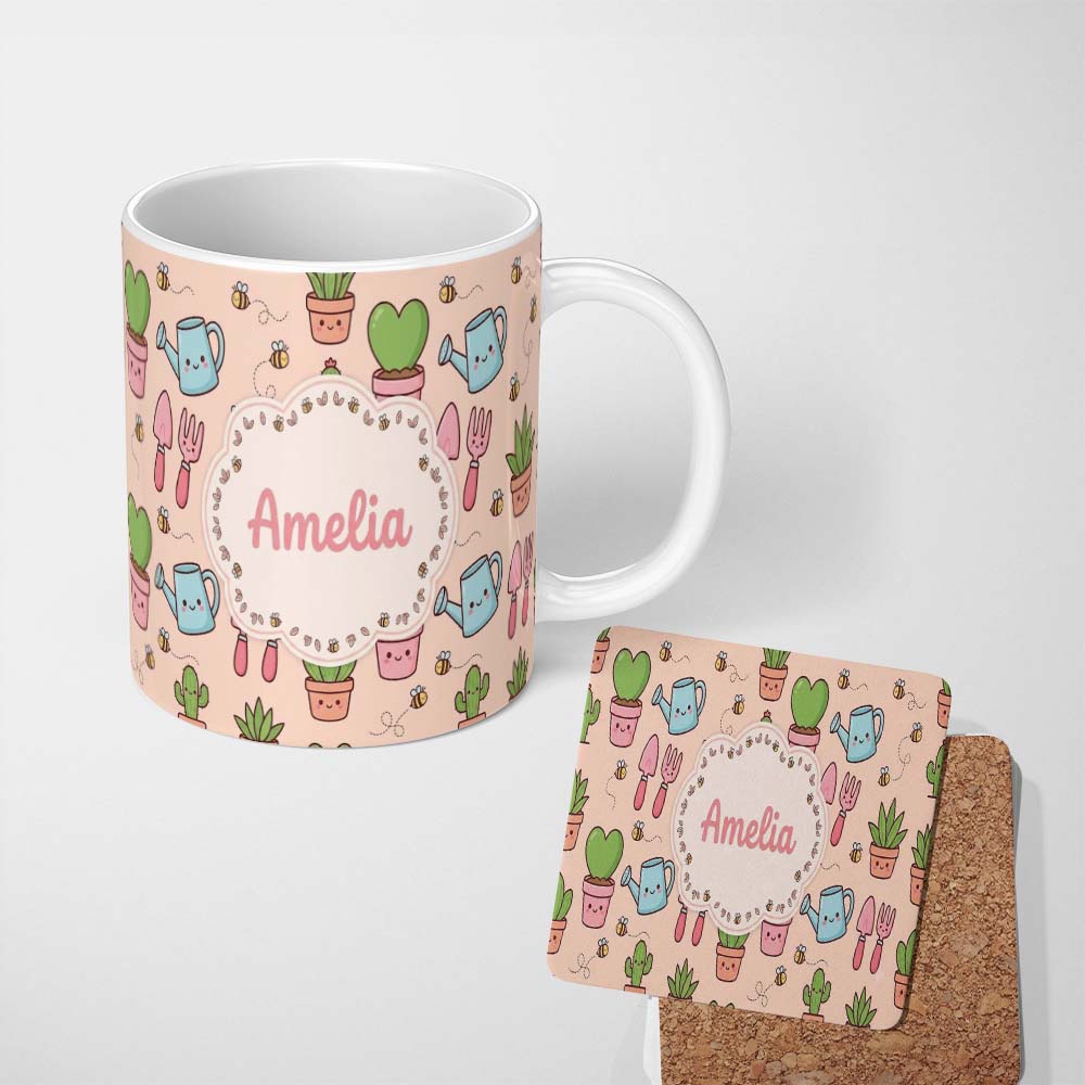 Personalized Custom Name Cute Kawaii Garden Tools Plants Bees Peach Background Seamless 11oz Ceramic Coffee Tea Mug White Large Handle
