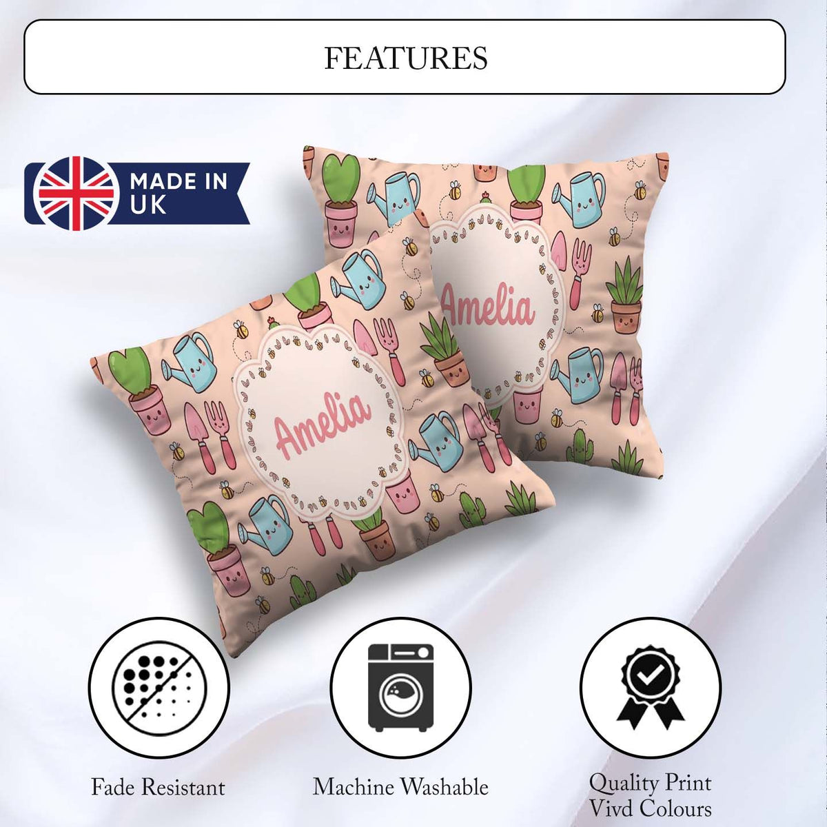 Custom Name Cute Kawaii Garden Tools Plants Bees Peach Seamless Square Filled Cushion Throw Pillow Sofa Bed Home Decor Zip Washable UK Made