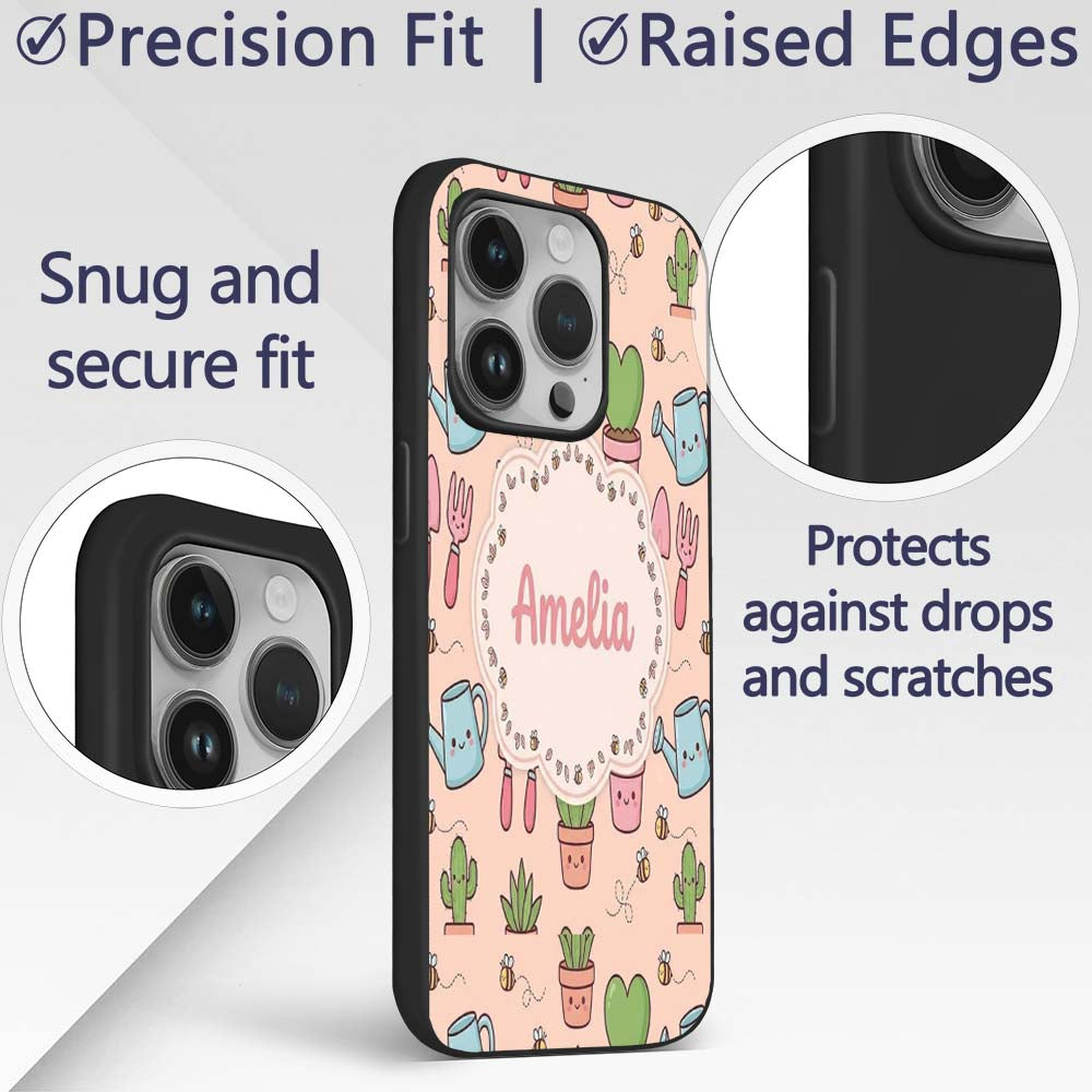 Cute Kawaii Garden Tools Plants Printed Design Custom Name Protective Phone Case Mobile Cover Durable Everyday Smartphone Shock Resistant