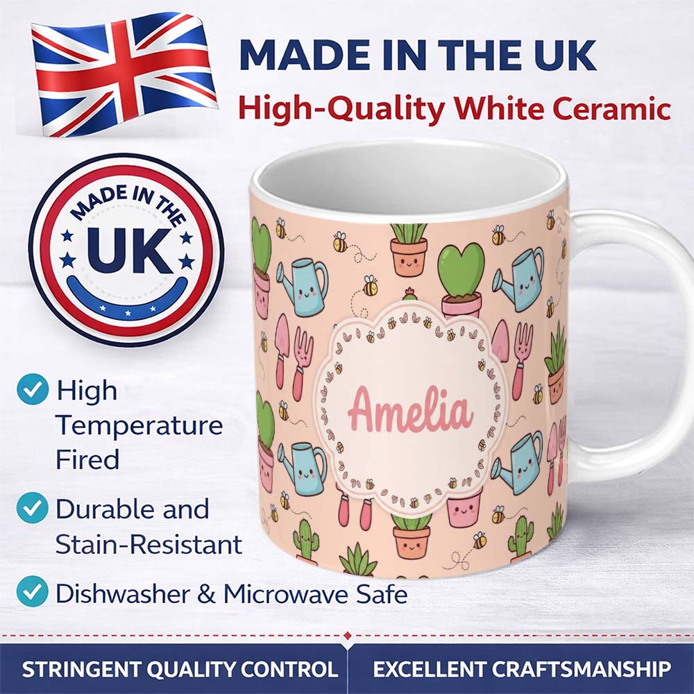 Personalized Custom Name Cute Kawaii Garden Tools Plants Bees Peach Background Seamless 11oz Ceramic Coffee Tea Mug White Large Handle