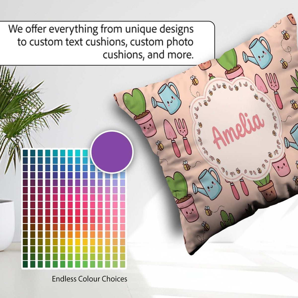 Custom Name Cute Kawaii Garden Tools Plants Bees Peach Seamless Square Filled Cushion Throw Pillow Sofa Bed Home Decor Zip Washable UK Made