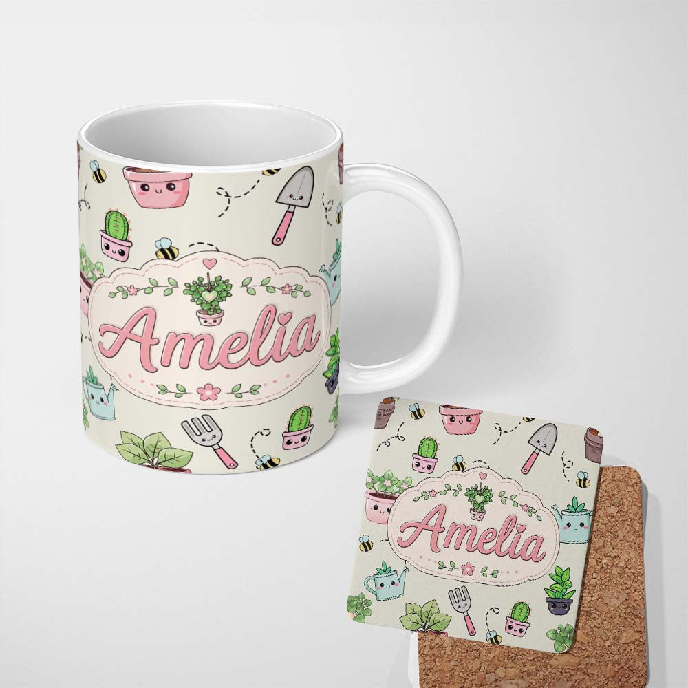 Personalized Custom Name Cute Kawaii Garden Tools Plants Bees Cream Background Seamless 11oz Ceramic Coffee Tea Mug White Large Handle