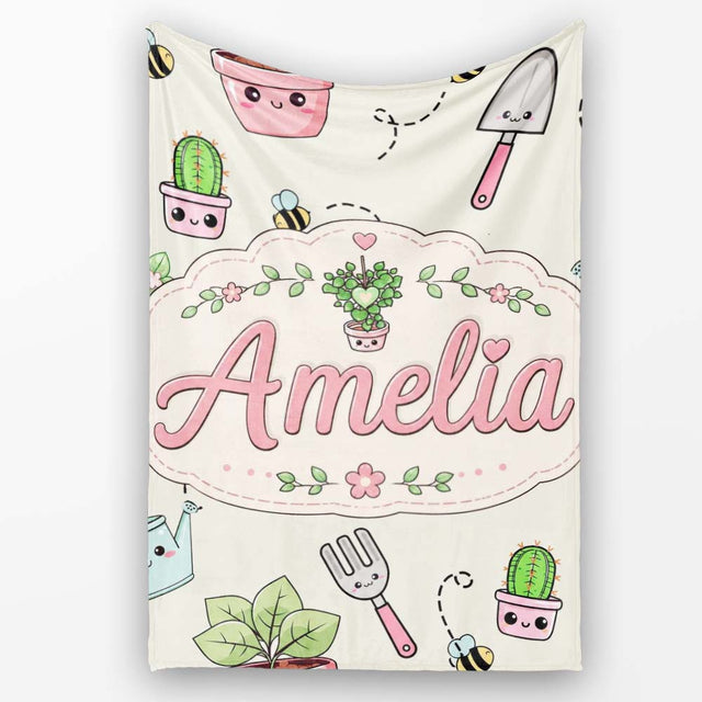 Cute Kawaii Garden Tools Plants Bees Cream Background Seamless  Personalised Custom Name Super Soft Fleece Blanket Bed Sofa Throw