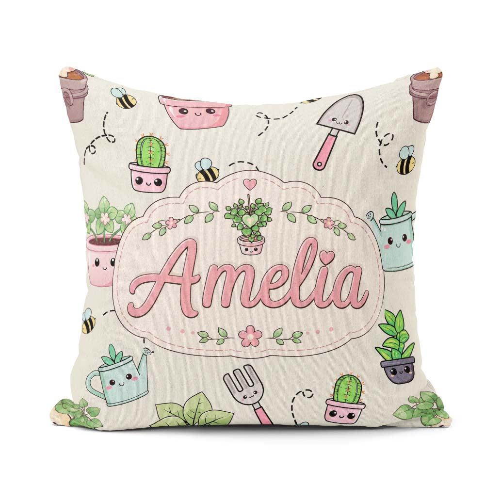 Custom Name Cute Kawaii Garden Tools Plants Bees Cream Seamless Square Filled Cushion Throw Pillow Sofa Bed Home Decor Zip Washable UK Made