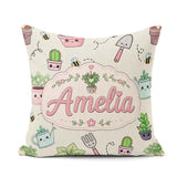 Custom Name Cute Kawaii Garden Tools Plants Bees Cream Seamless Square Filled Cushion Throw Pillow Sofa Bed Home Decor Zip Washable UK Made