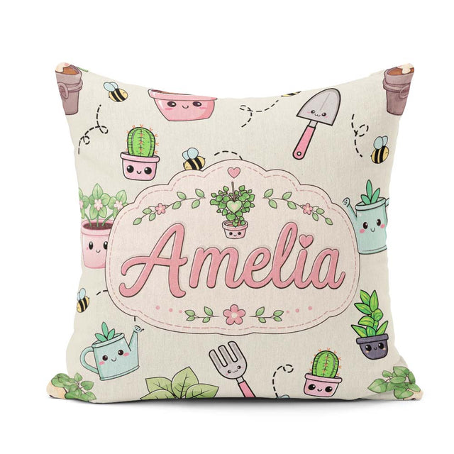 Custom Name Cute Kawaii Garden Tools Plants Bees Cream Seamless Square Filled Cushion Throw Pillow Sofa Bed Home Decor Zip Washable UK Made
