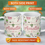 Personalized Custom Name Cute Kawaii Garden Tools Plants Bees Cream Background Seamless 11oz Ceramic Coffee Tea Mug White Large Handle