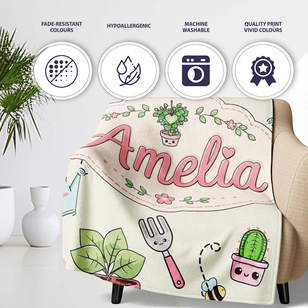 Cute Kawaii Garden Tools Plants Bees Cream Background Seamless  Personalised Custom Name Super Soft Fleece Blanket Bed Sofa Throw
