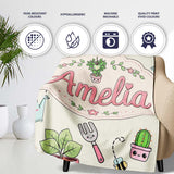 Cute Kawaii Garden Tools Plants Bees Cream Background Seamless  Personalised Custom Name Super Soft Fleece Blanket Bed Sofa Throw