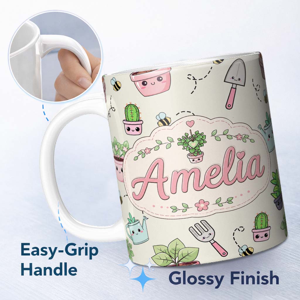 Personalized Custom Name Cute Kawaii Garden Tools Plants Bees Cream Background Seamless 11oz Ceramic Coffee Tea Mug White Large Handle