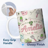 Personalized Custom Name Cute Kawaii Garden Tools Plants Bees Cream Background Seamless 11oz Ceramic Coffee Tea Mug White Large Handle