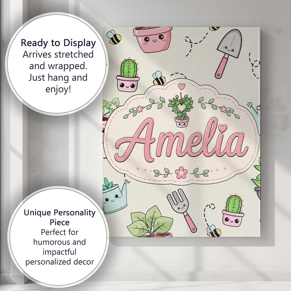 Personalised Name Cute Kawaii Garden Tools Custom  Unique Gift Idea Elegant Feature Canvas Wall Art Print Decor Picture Ready to Hang
