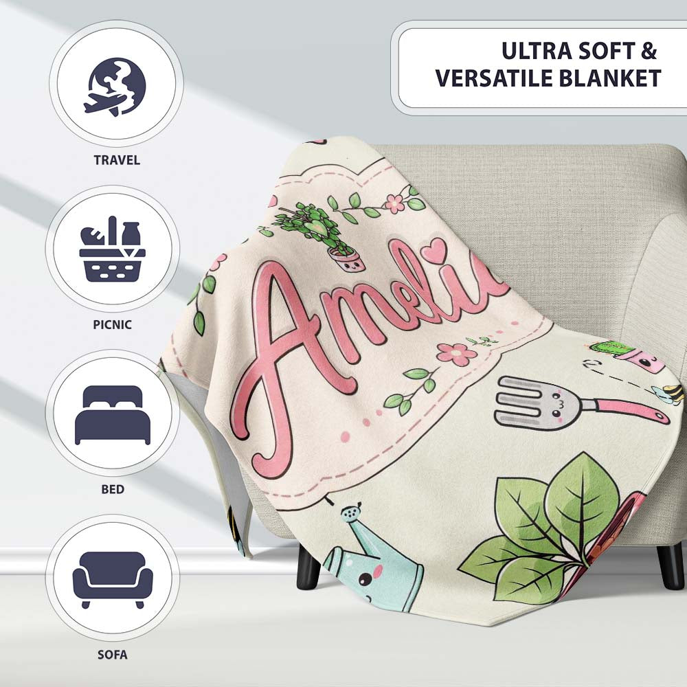 Cute Kawaii Garden Tools Plants Bees Cream Background Seamless  Personalised Custom Name Super Soft Fleece Blanket Bed Sofa Throw