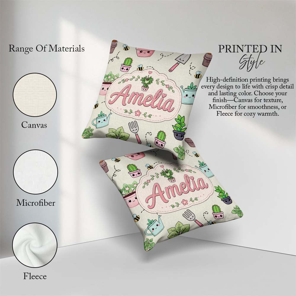 Custom Name Cute Kawaii Garden Tools Plants Bees Cream Seamless Square Filled Cushion Throw Pillow Sofa Bed Home Decor Zip Washable UK Made