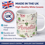 Personalized Custom Name Cute Kawaii Garden Tools Plants Bees Cream Background Seamless 11oz Ceramic Coffee Tea Mug White Large Handle