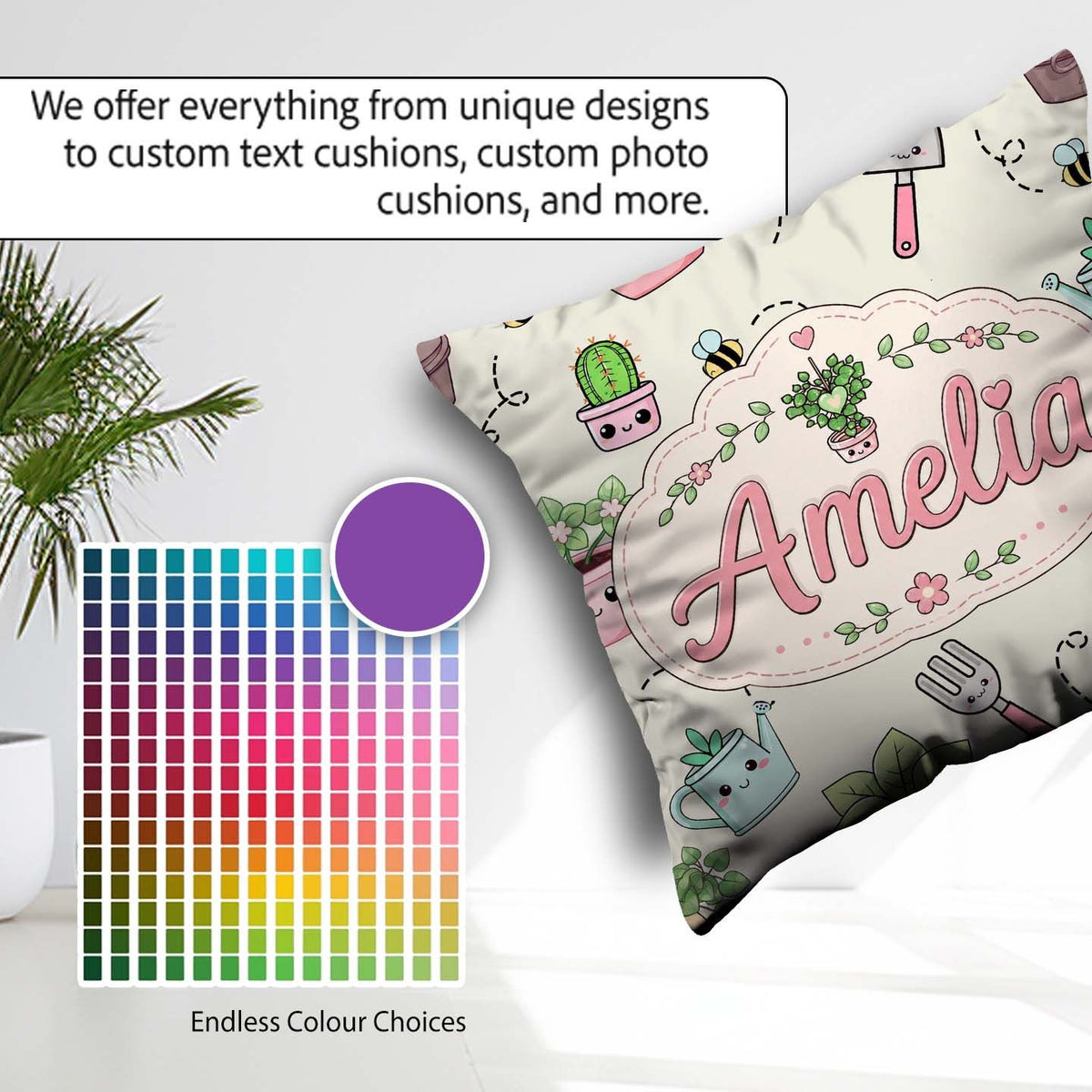 Custom Name Cute Kawaii Garden Tools Plants Bees Cream Seamless Square Filled Cushion Throw Pillow Sofa Bed Home Decor Zip Washable UK Made