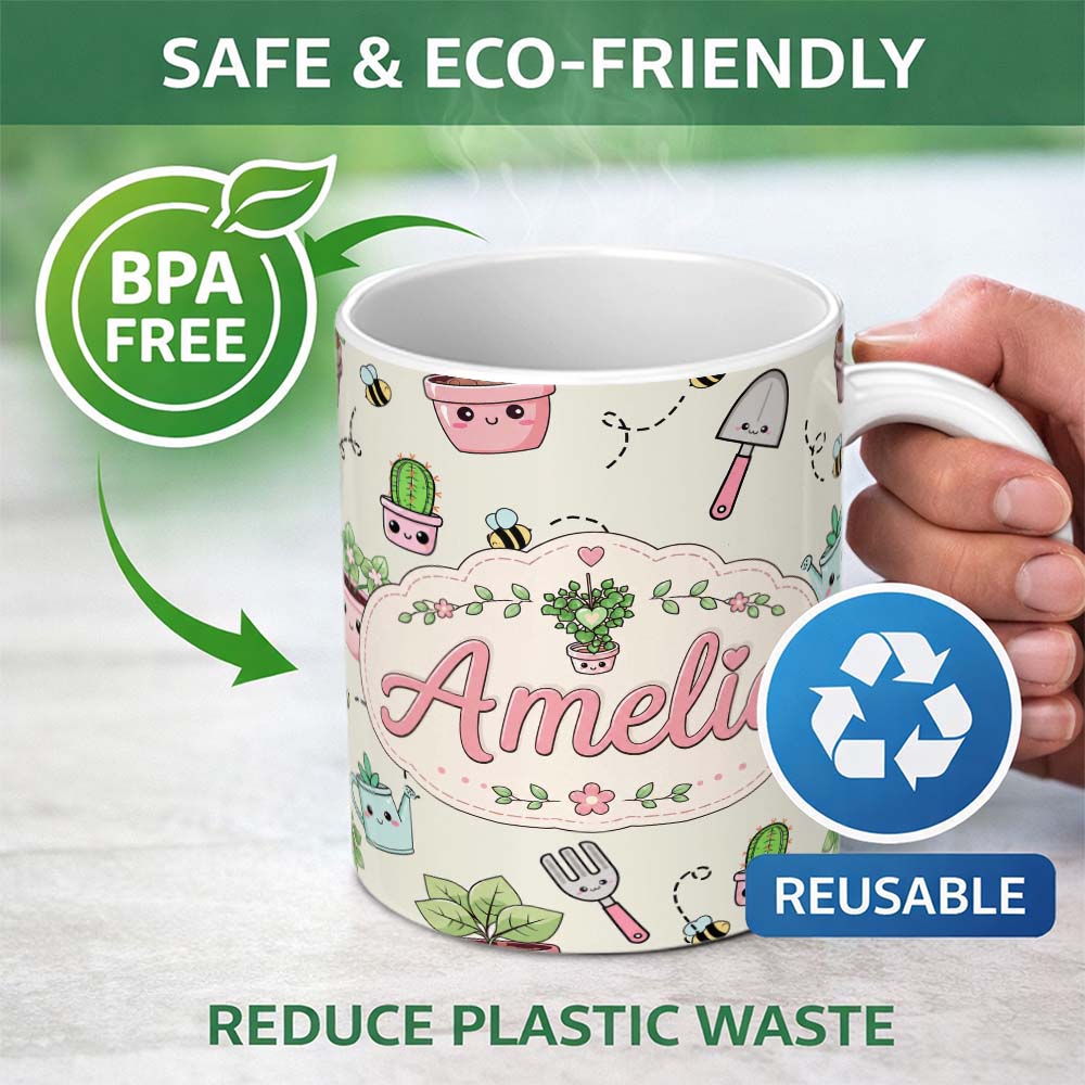 Personalized Custom Name Cute Kawaii Garden Tools Plants Bees Cream Background Seamless 11oz Ceramic Coffee Tea Mug White Large Handle
