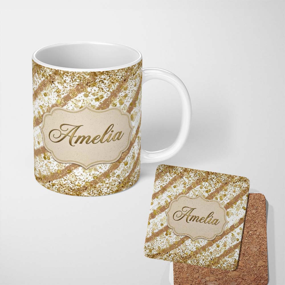 Personalized Custom Name Gold Glitter Damask Stripe Elegant Seamless Pattern Design Luxury 11oz Ceramic Coffee Tea Mug White Large Handle