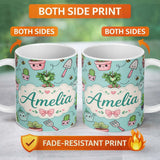 Personalized Custom Name Cute Kawaii Garden Tools Plants Bees Mint Background Seamless 11oz Ceramic Coffee Tea Mug White Large Handle