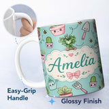Personalized Custom Name Cute Kawaii Garden Tools Plants Bees Mint Background Seamless 11oz Ceramic Coffee Tea Mug White Large Handle