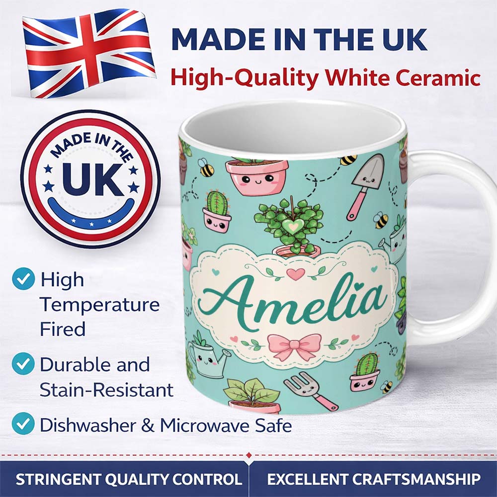 Personalized Custom Name Cute Kawaii Garden Tools Plants Bees Mint Background Seamless 11oz Ceramic Coffee Tea Mug White Large Handle