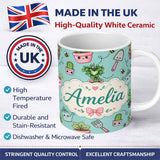 Personalized Custom Name Cute Kawaii Garden Tools Plants Bees Mint Background Seamless 11oz Ceramic Coffee Tea Mug White Large Handle
