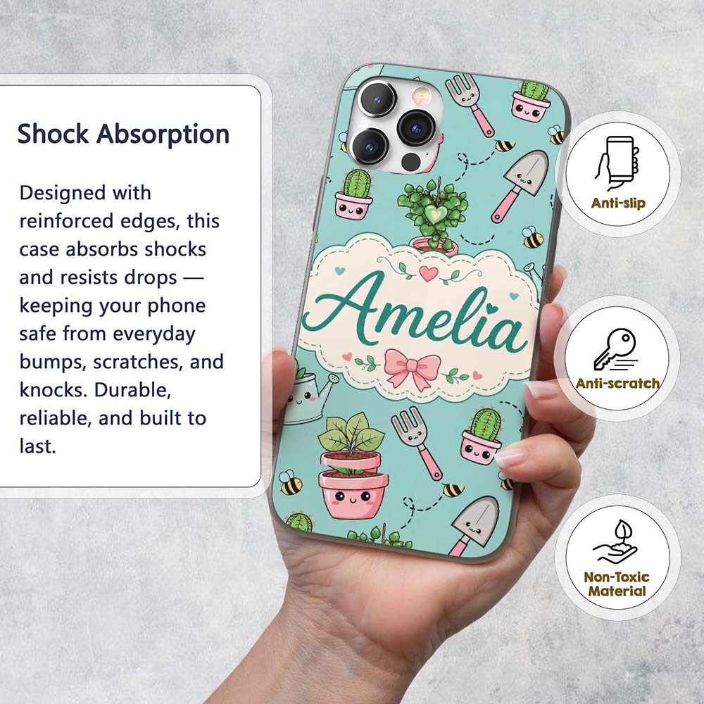 Cute Kawaii Garden Tools Plants Printed Design Custom Name Protective Phone Case Mobile Cover Durable Everyday Smartphone Shock Resistant