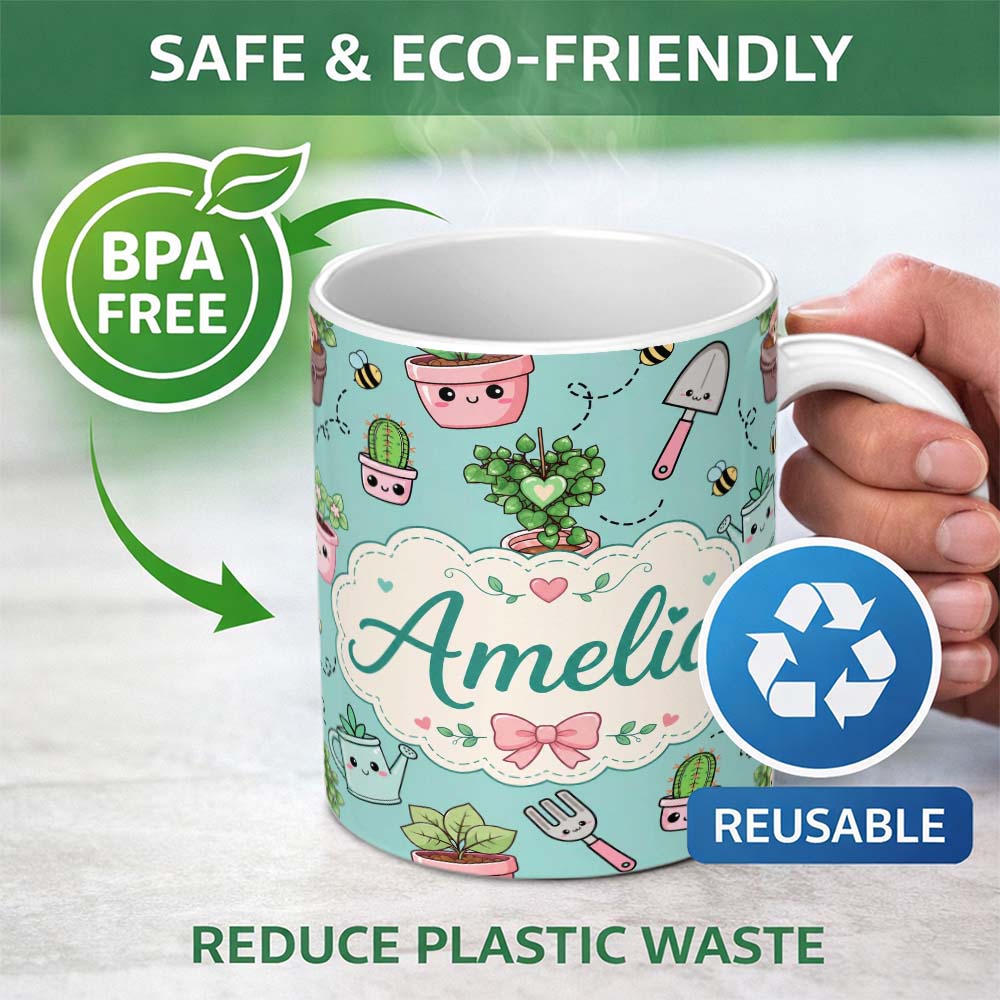Personalized Custom Name Cute Kawaii Garden Tools Plants Bees Mint Background Seamless 11oz Ceramic Coffee Tea Mug White Large Handle