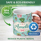 Personalized Custom Name Cute Kawaii Garden Tools Plants Bees Mint Background Seamless 11oz Ceramic Coffee Tea Mug White Large Handle