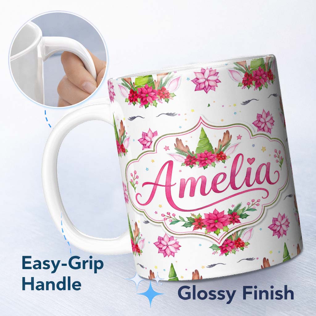 Personalized Custom Name Cute Christmas Unicorn Antlers Floral Fantasy Seamless Pattern 11oz Ceramic Coffee Tea Mug White Large Handle