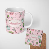Personalized Custom Name Cute Kawaii Garden Tools Plants Bees Blush Pink Background Seamless 11oz Ceramic Coffee Tea Mug White Large Handle