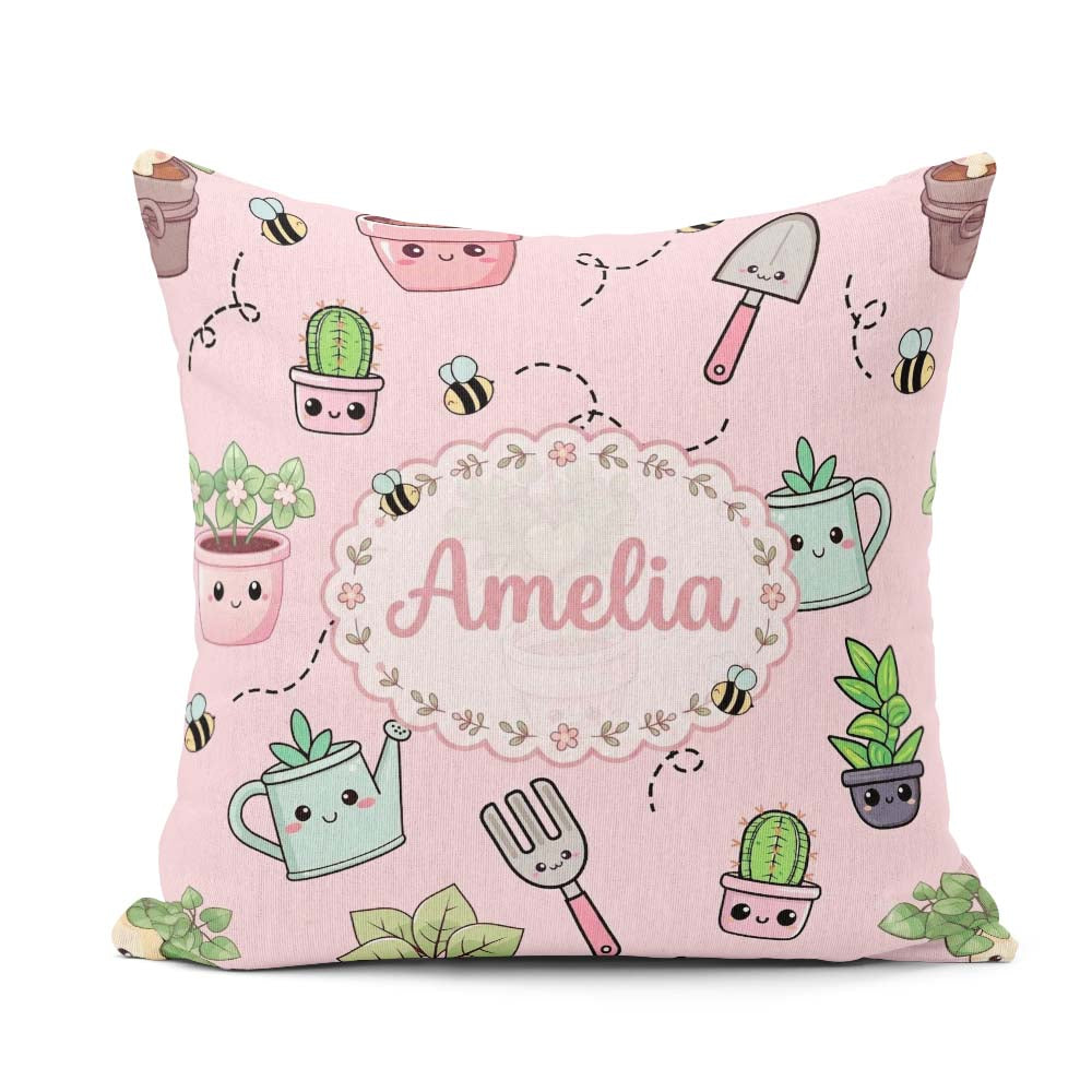 Custom Name Kawaii Garden Tools Plants Bees Blush Pink Seamless Square Filled Cushion Throw Pillow Sofa Bed Home Decor Zip Washable UK Made