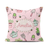 Custom Name Kawaii Garden Tools Plants Bees Blush Pink Seamless Square Filled Cushion Throw Pillow Sofa Bed Home Decor Zip Washable UK Made