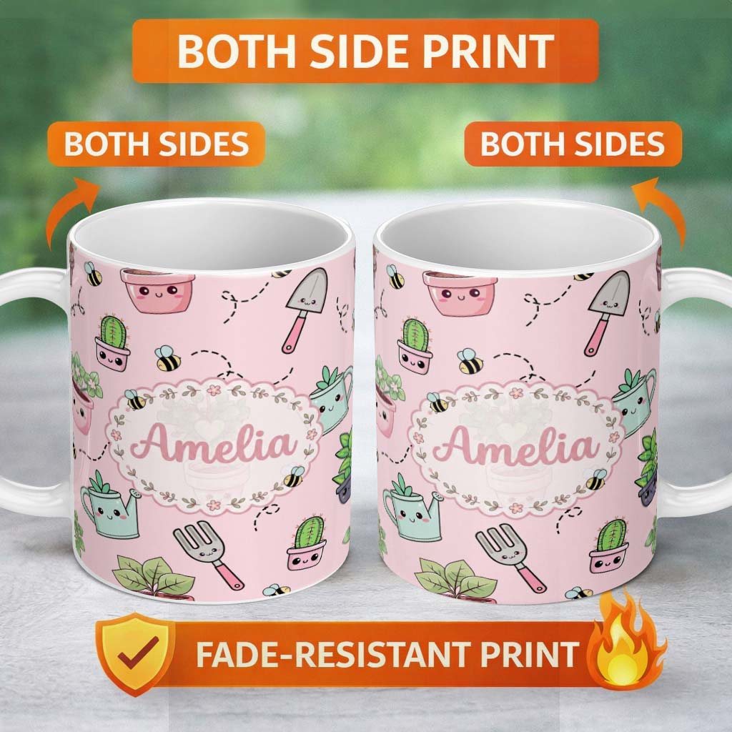 Personalized Custom Name Cute Kawaii Garden Tools Plants Bees Blush Pink Background Seamless 11oz Ceramic Coffee Tea Mug White Large Handle