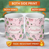 Personalized Custom Name Cute Kawaii Garden Tools Plants Bees Blush Pink Background Seamless 11oz Ceramic Coffee Tea Mug White Large Handle