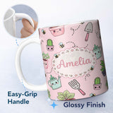 Personalized Custom Name Cute Kawaii Garden Tools Plants Bees Blush Pink Background Seamless 11oz Ceramic Coffee Tea Mug White Large Handle