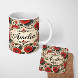 Personalized Custom Name Red Floral Vintage Garden Seamless Pattern Stylish Everyday Mug 11oz Ceramic Coffee Tea Mug White Large Handle