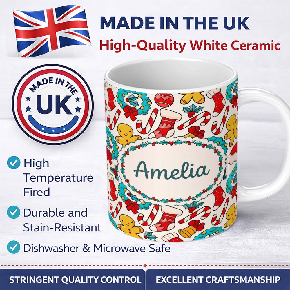 Personalized Custom Name Cute Gingerbread Wreath Bell Candy Cane Seamless Pattern Festive 11oz Ceramic Coffee Tea Mug White Large Handle