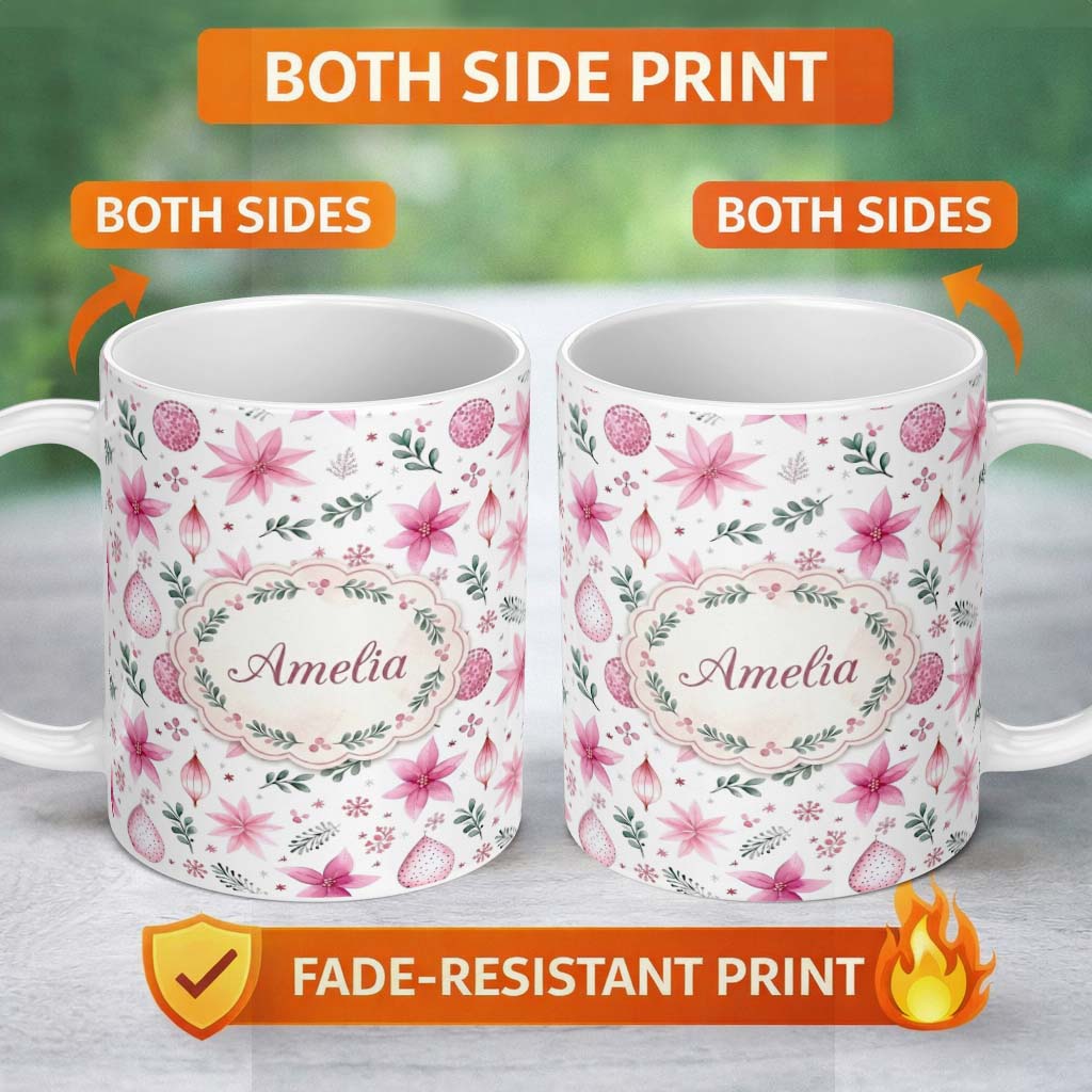 Personalized Custom Name Watercolor Pink Poinsettia Leaves Christmas Seamless Pattern Lovely 11oz Ceramic Coffee Tea Mug White Large Handle