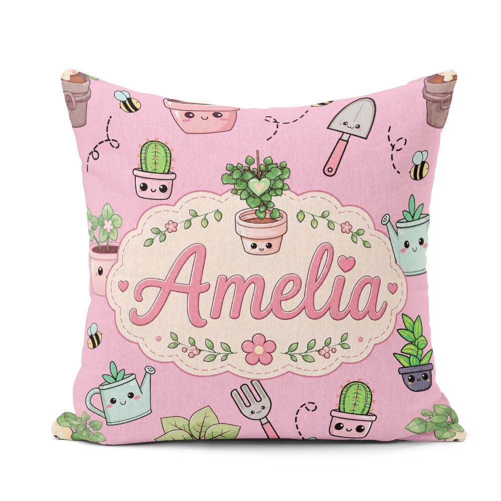 Custom Name Kawaii Garden Tools Plants Bees Soft Pink Background Square Filled Cushion Throw Pillow Sofa Bed Home Decor Zip Washable UK Made
