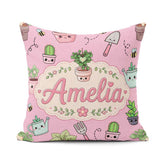 Custom Name Kawaii Garden Tools Plants Bees Soft Pink Background Square Filled Cushion Throw Pillow Sofa Bed Home Decor Zip Washable UK Made