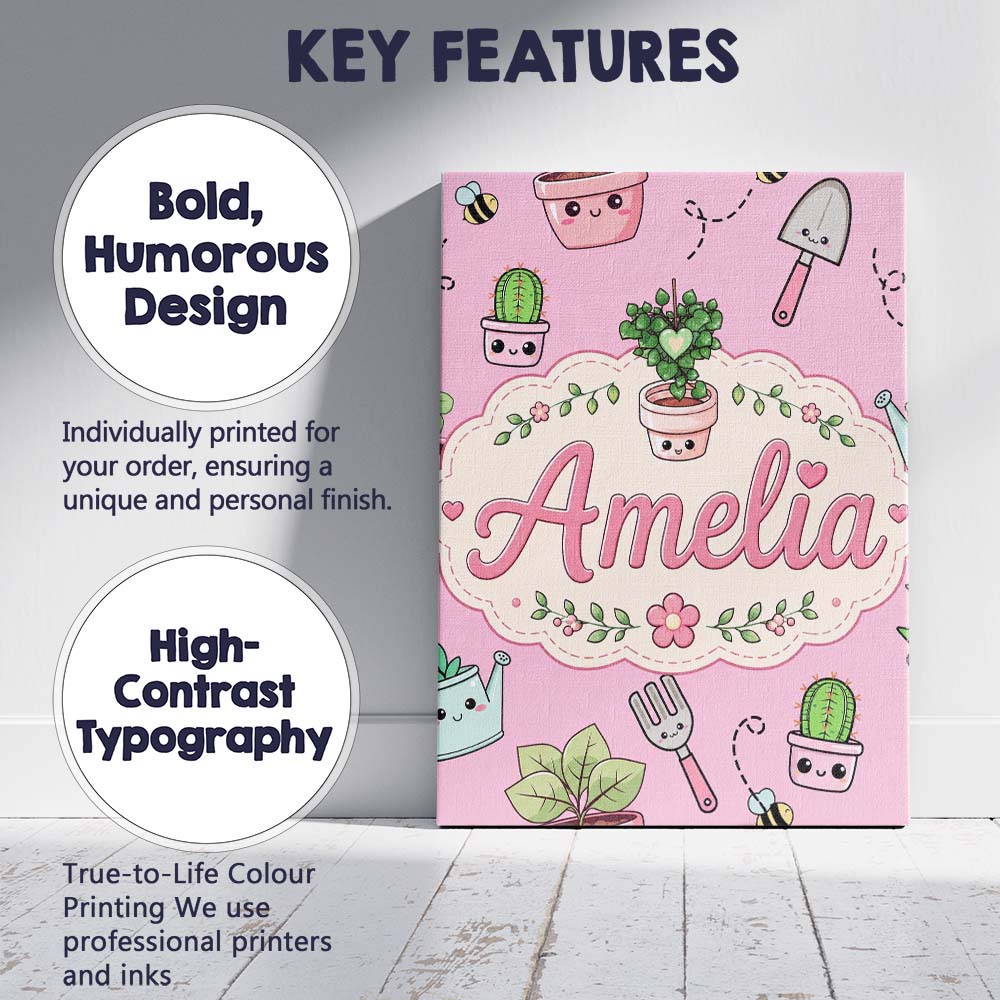 Personalised Name Cute Kawaii Garden Tools Custom  Unique Gift Idea Elegant Feature Canvas Wall Art Print Decor Picture Ready to Hang