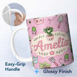 Personalized Custom Name Cute Kawaii Garden Tools Plants Bees Soft Pink Background Seamless 11oz Ceramic Coffee Tea Mug White Large Handle
