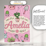 Cute Kawaii Garden Tools Plants Bees Soft Pink Background Seamless  Personalised Custom Name Super Soft Fleece Blanket Bed Sofa Throw