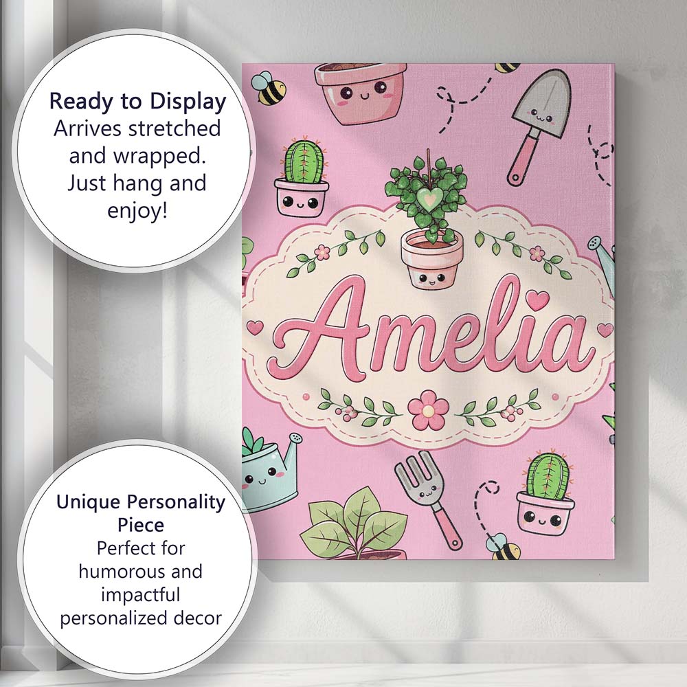 Personalised Name Cute Kawaii Garden Tools Custom  Unique Gift Idea Elegant Feature Canvas Wall Art Print Decor Picture Ready to Hang