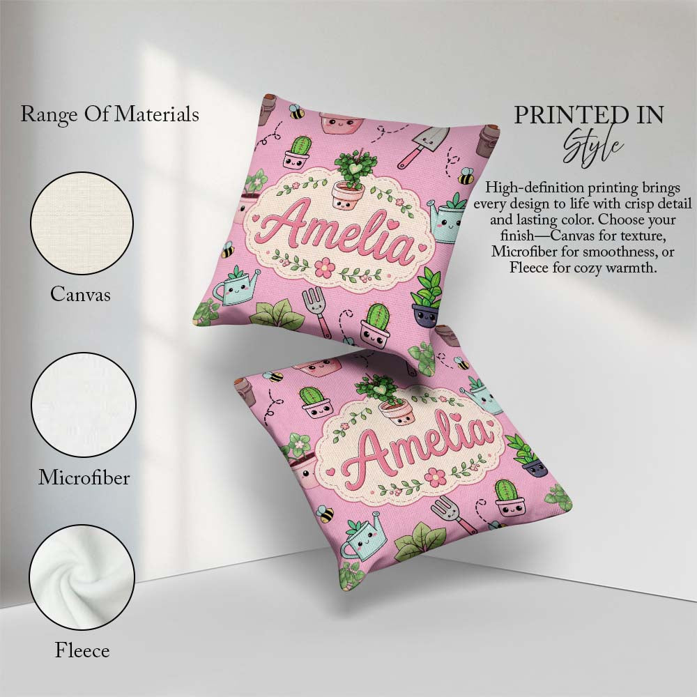 Custom Name Kawaii Garden Tools Plants Bees Soft Pink Background Square Filled Cushion Throw Pillow Sofa Bed Home Decor Zip Washable UK Made
