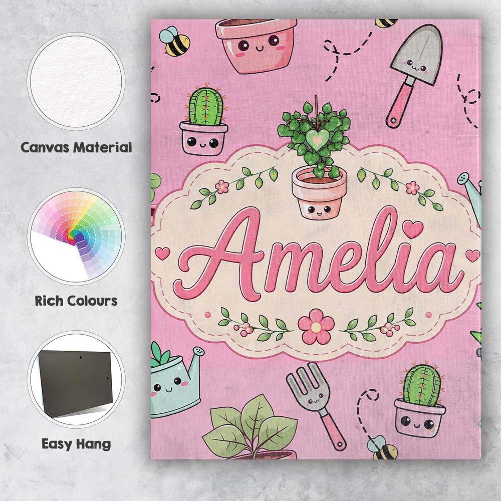 Personalised Name Cute Kawaii Garden Tools Custom  Unique Gift Idea Elegant Feature Canvas Wall Art Print Decor Picture Ready to Hang