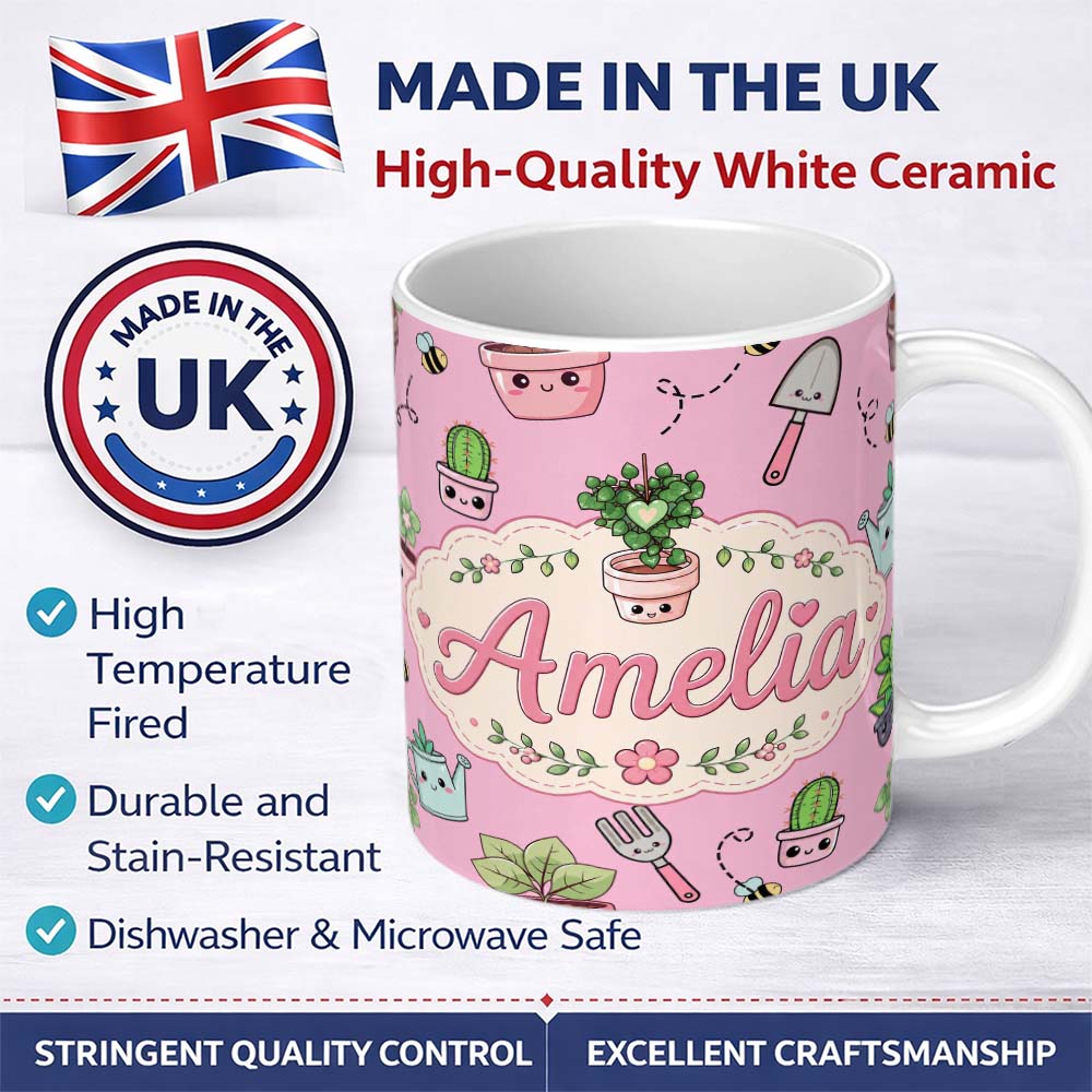 Personalized Custom Name Cute Kawaii Garden Tools Plants Bees Soft Pink Background Seamless 11oz Ceramic Coffee Tea Mug White Large Handle