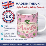 Personalized Custom Name Cute Kawaii Garden Tools Plants Bees Soft Pink Background Seamless 11oz Ceramic Coffee Tea Mug White Large Handle